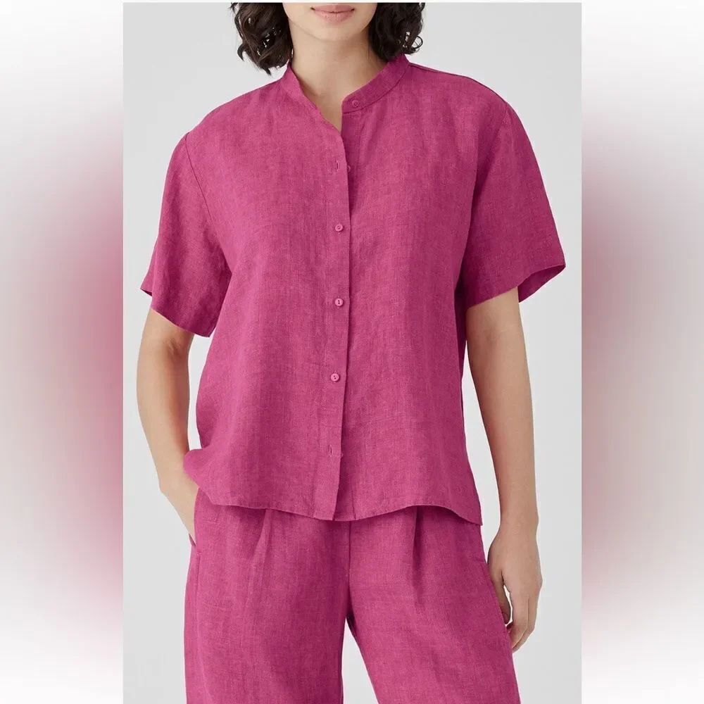 Eileen Fisher NWT Washed Organic Linen Délavé Band Collar Shirt in Geranium 3X